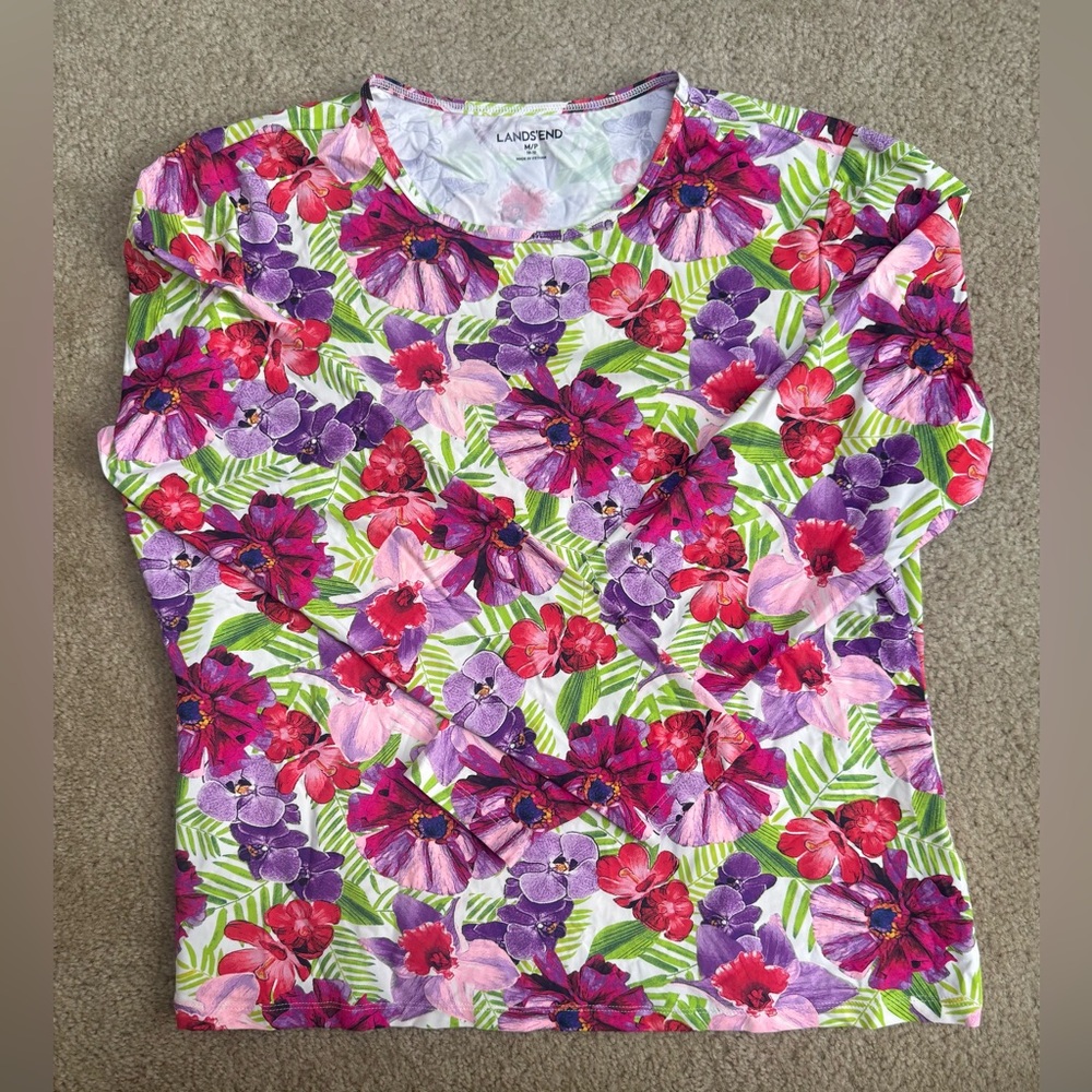 Lands' End Long Sleeve Floral Swim Crewneck Top - Pink, Purple & Green